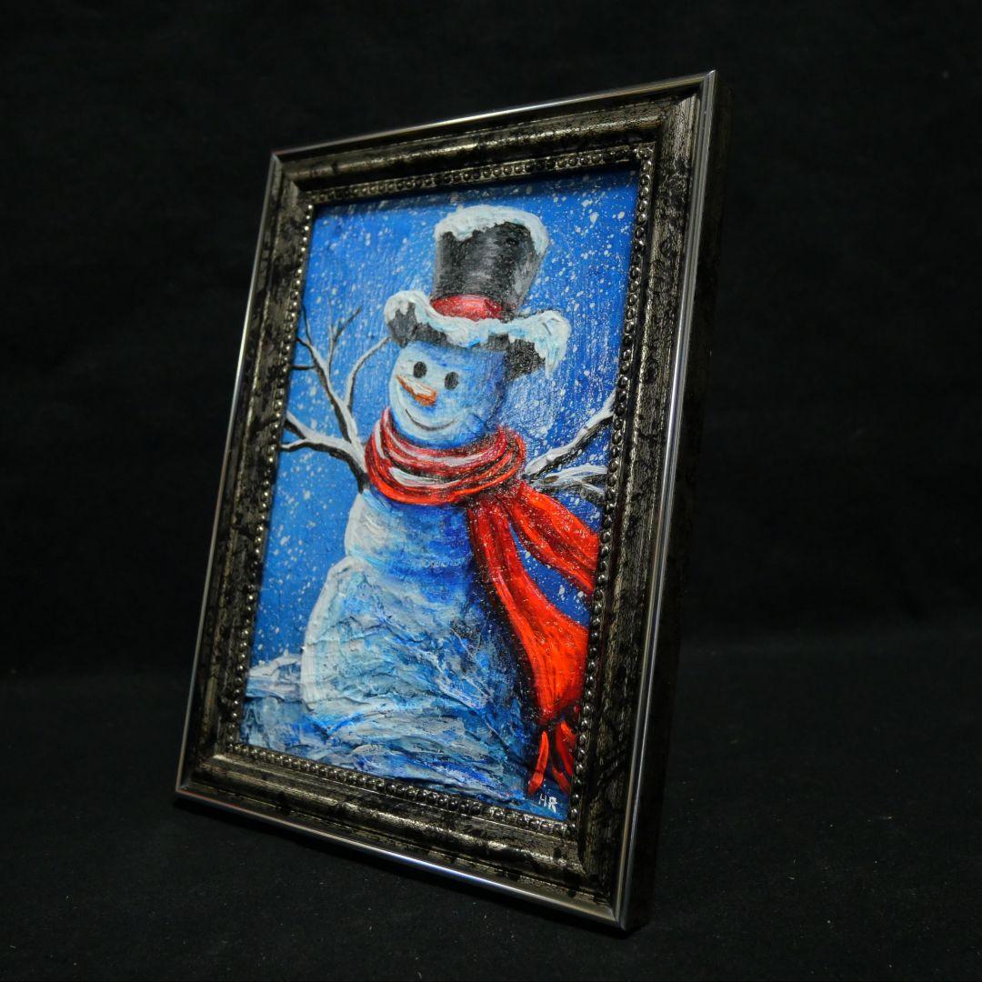 赤いマフラーの雪だるま】絵画 油彩 油彩画 絵 油絵 赤いマフラーの