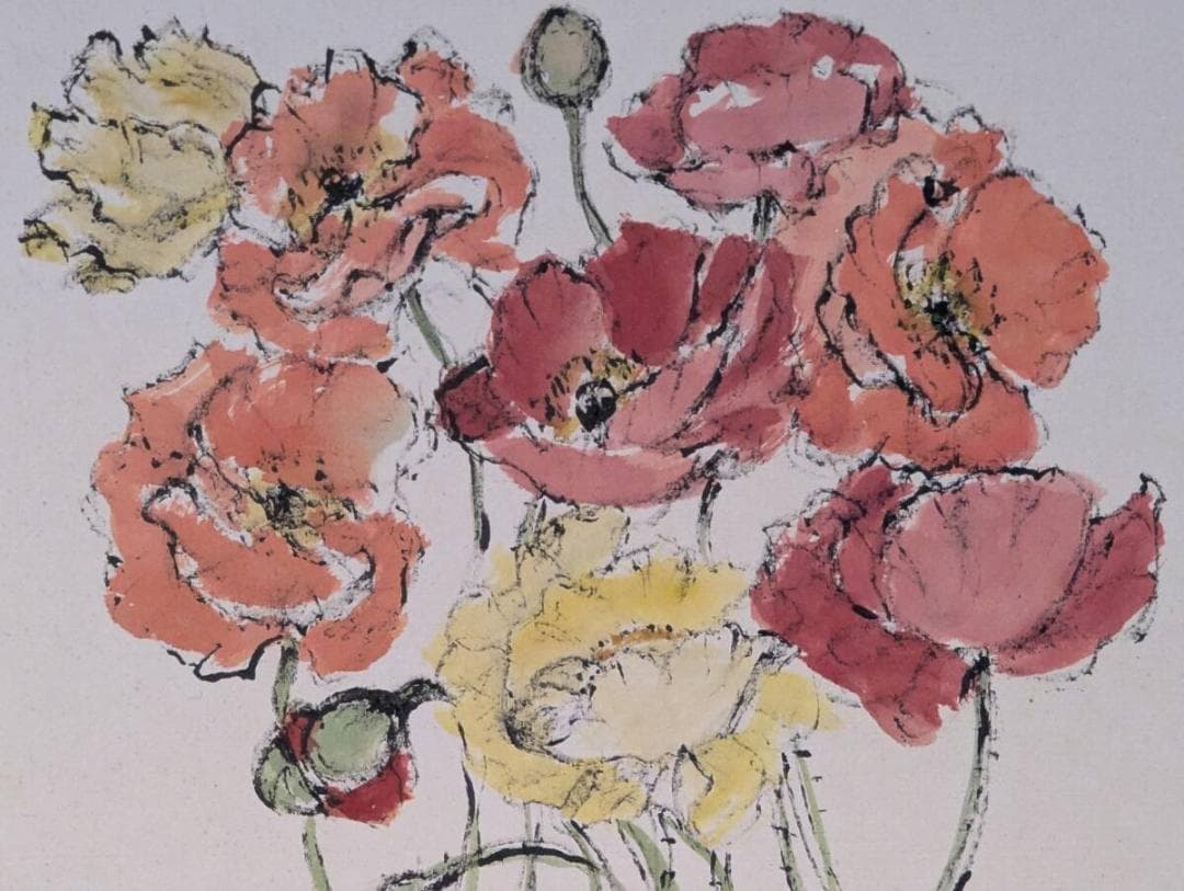 【真作】絵画　我妻英策　水彩（色紙）　ひなげし　揺れる花茎と可憐な彩り　Z96\