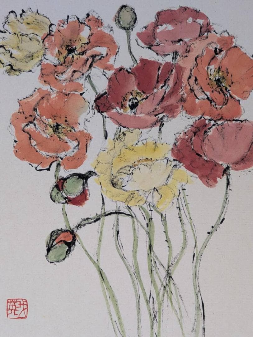 【真作】絵画　我妻英策　水彩（色紙）　ひなげし　揺れる花茎と可憐な彩り　Z96\