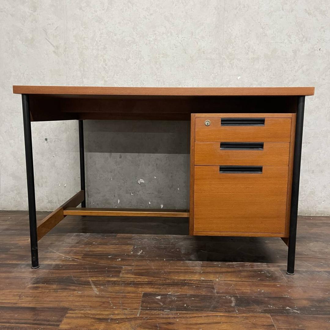 天童木工 片袖机 チーク材 鉄脚 デスク テーブル 机 家具 70 〜 80年代