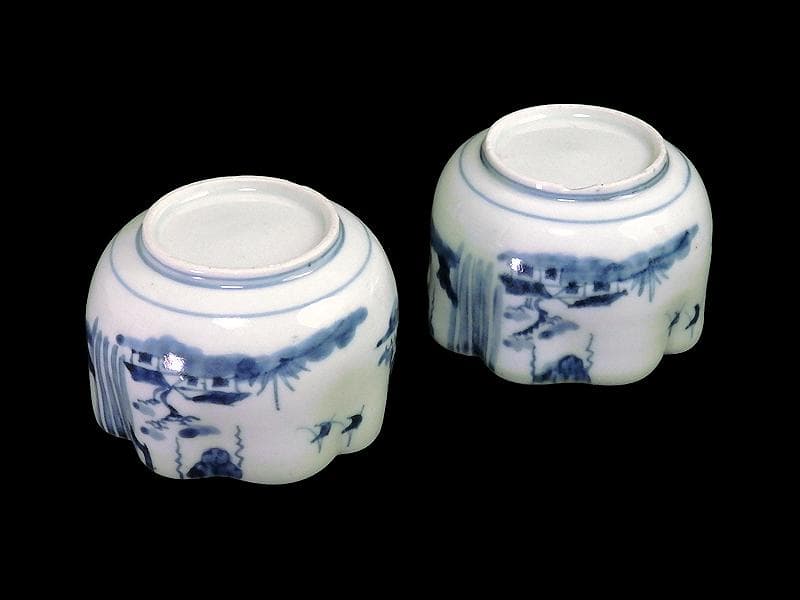 古伊万里 染付 山水の図 変形向付 2客 B072AS-fbvb