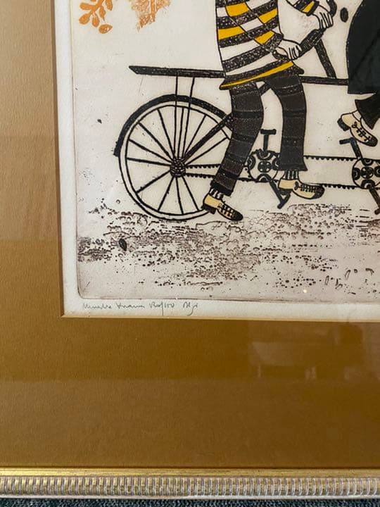 絵画　秋サイクリング 版画　銀杏　リトグラフ