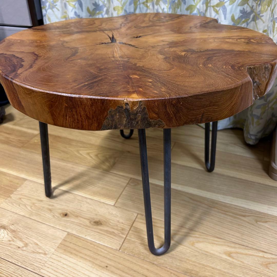 切り株　輪切り　ローテーブル　木目天板　アイアン脚　おしゃれ
