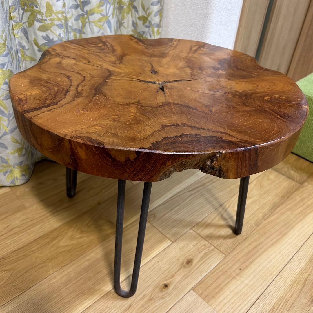 切り株　輪切り　ローテーブル　木目天板　アイアン脚　おしゃれ