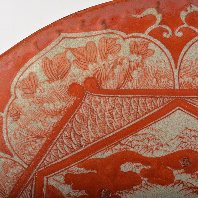 九谷焼 古九谷 赤絵 人物文 大皿 飾皿 角福銘 直径約36cm MR7218B