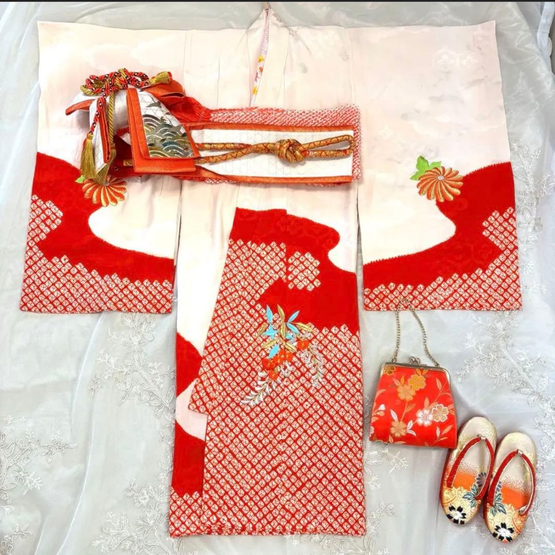 【高級】お宮参り 七五三 3歳 着物セット 紅白 金駒刺繍 絞り