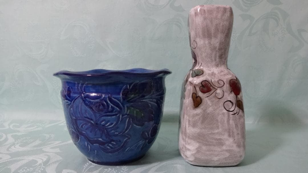 稀少 レア 1点物 イタリア製 HAND MADE サイン付花瓶　藍色鉢カバー