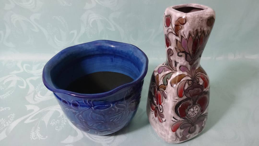 稀少 レア 1点物 イタリア製 HAND MADE サイン付花瓶　藍色鉢カバー