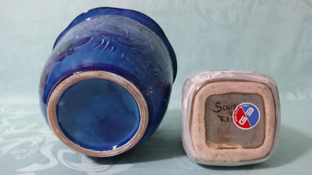 稀少 レア 1点物 イタリア製 HAND MADE サイン付花瓶　藍色鉢カバー