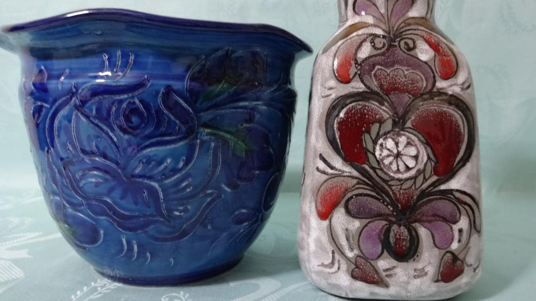 稀少 レア 1点物 イタリア製 HAND MADE サイン付花瓶　藍色鉢カバー