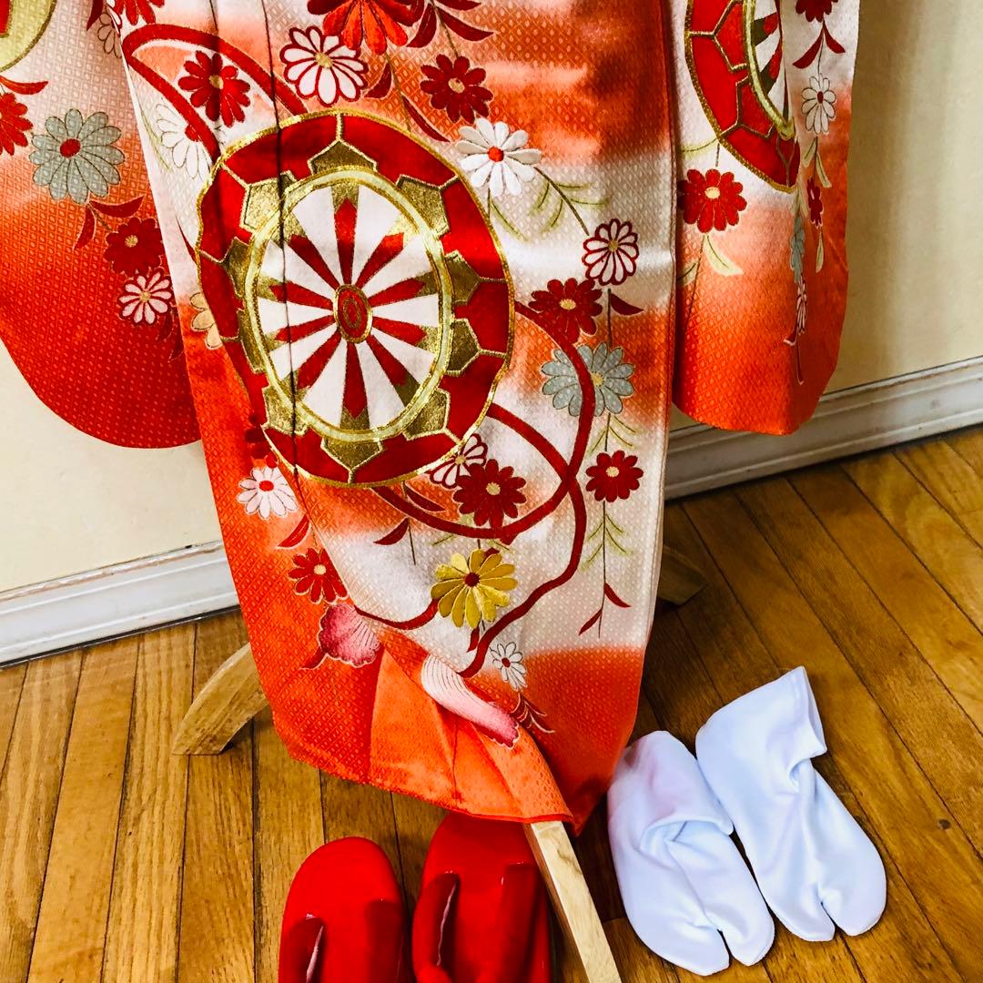 正絹着物七五三7歳‼️オレンジ暈し⭐︎菊雪輪金糸刺繍豪華煌びやか
