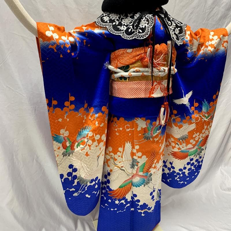 509ag22□七五三 七歳 女児 着物&袋帯 地紋 金彩 鶴□状態良好