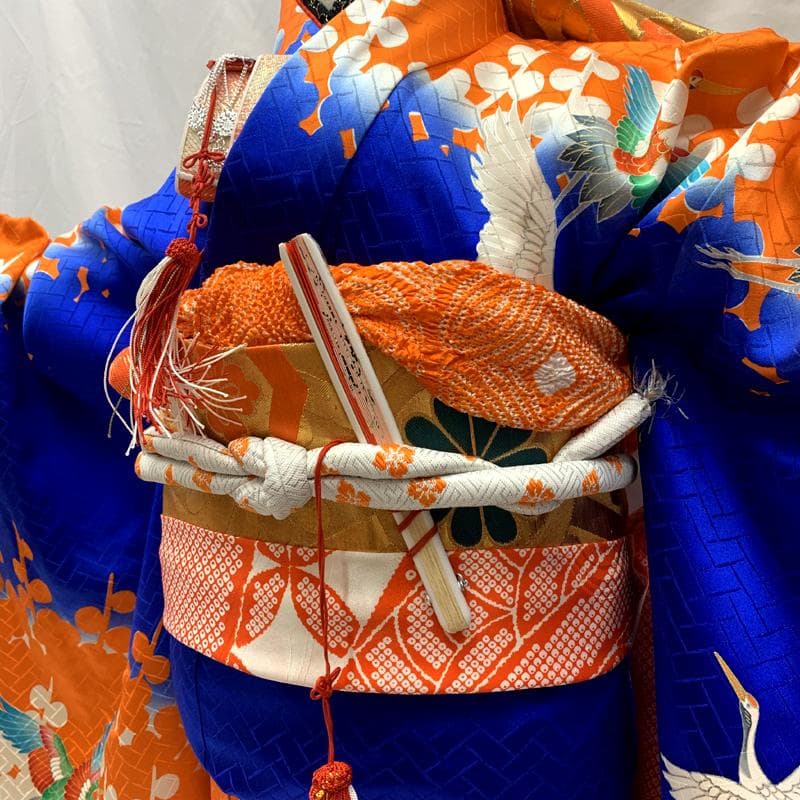 509ag22□七五三 七歳 女児 着物&袋帯 地紋 金彩 鶴□状態良好