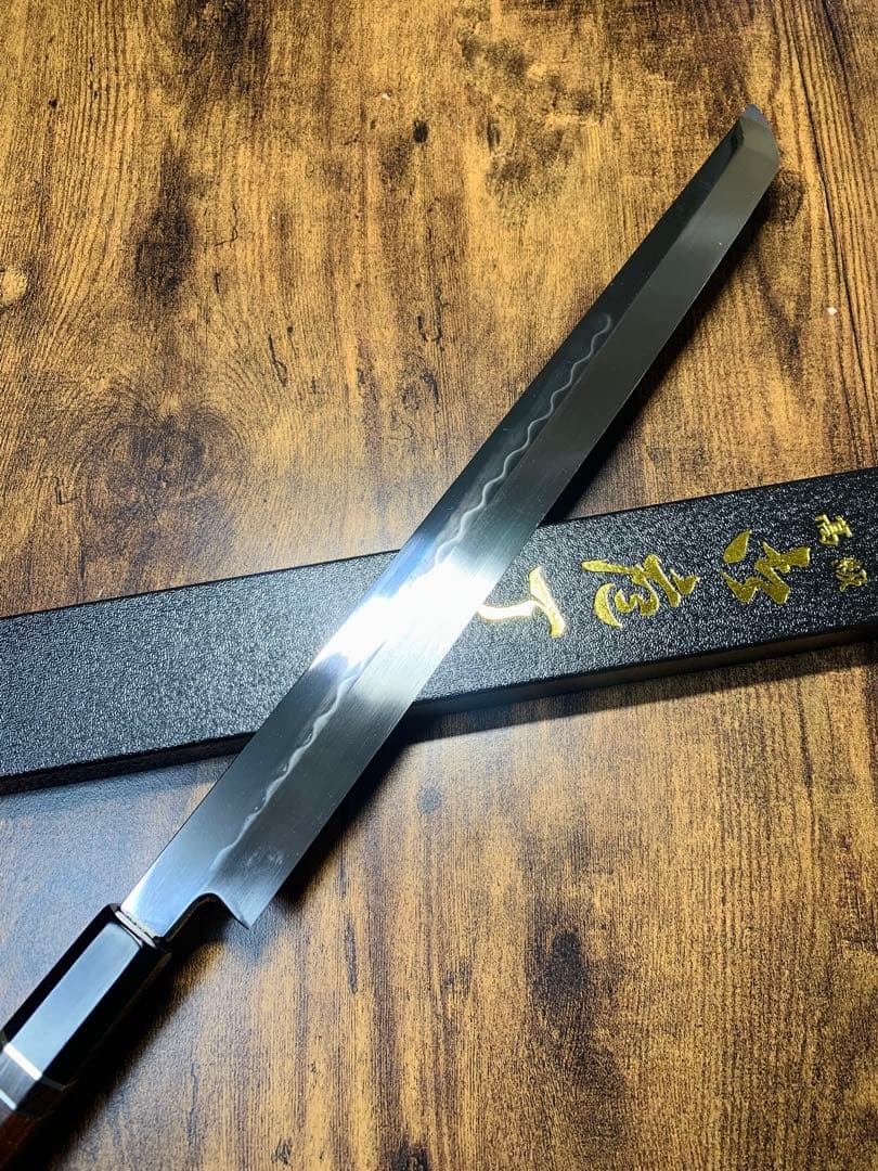 白木作　蛸引 先丸　本焼　白鋼　鏡面　尺一　包丁　アイアンウッド水牛銀巻柄