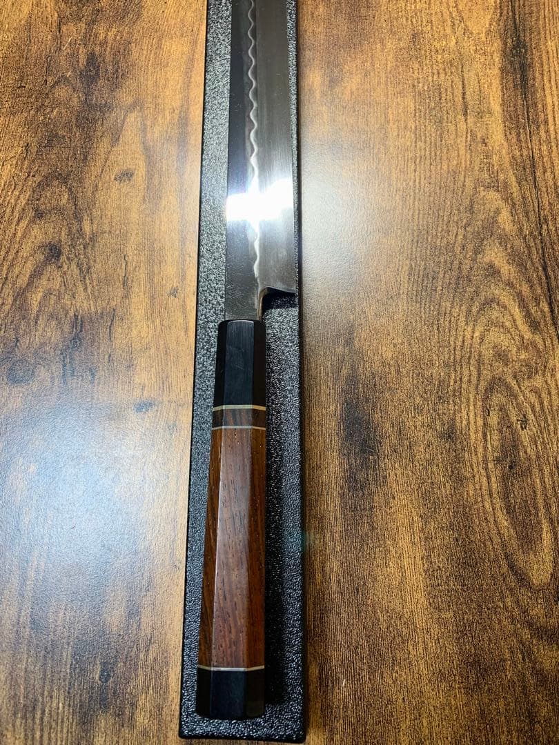 白木作　蛸引 先丸　本焼　白鋼　鏡面　尺一　包丁　アイアンウッド水牛銀巻柄