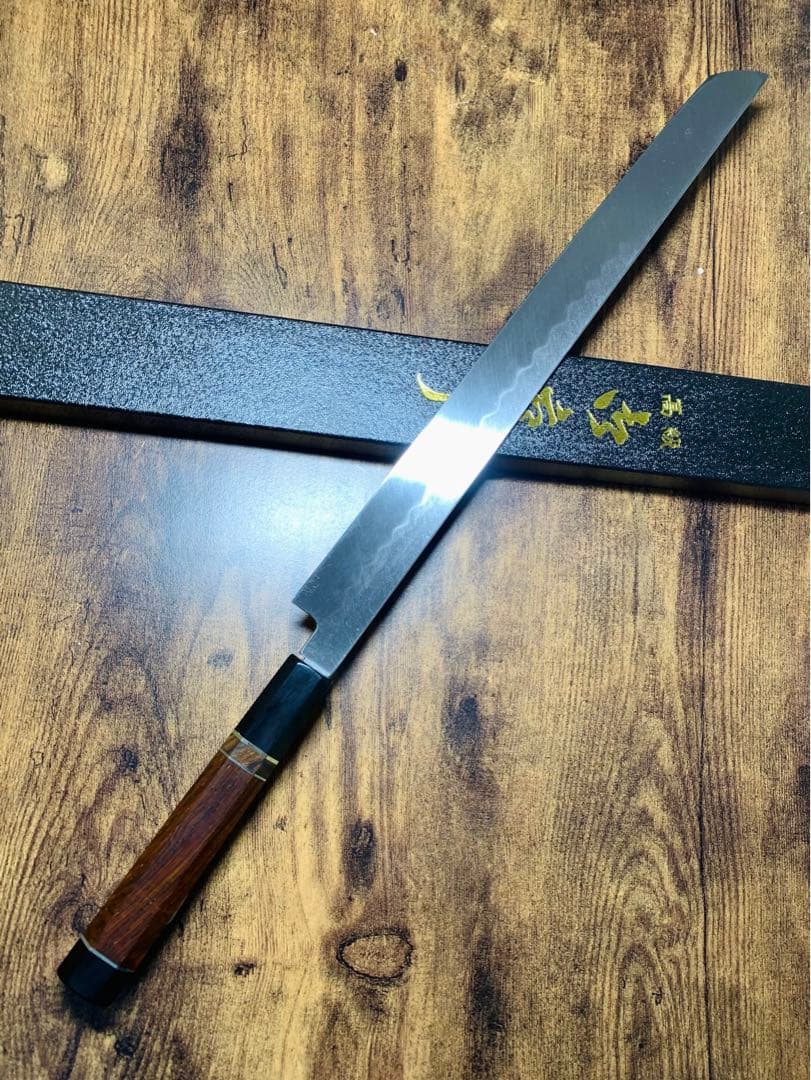 白木作　蛸引 先丸　本焼　白鋼　鏡面　尺一　包丁　アイアンウッド水牛銀巻柄