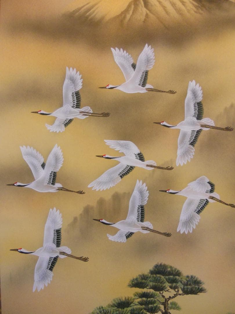 掛け軸 安在玉雲 風水黄金富翔図 黄金富士絹本 希少 軸装