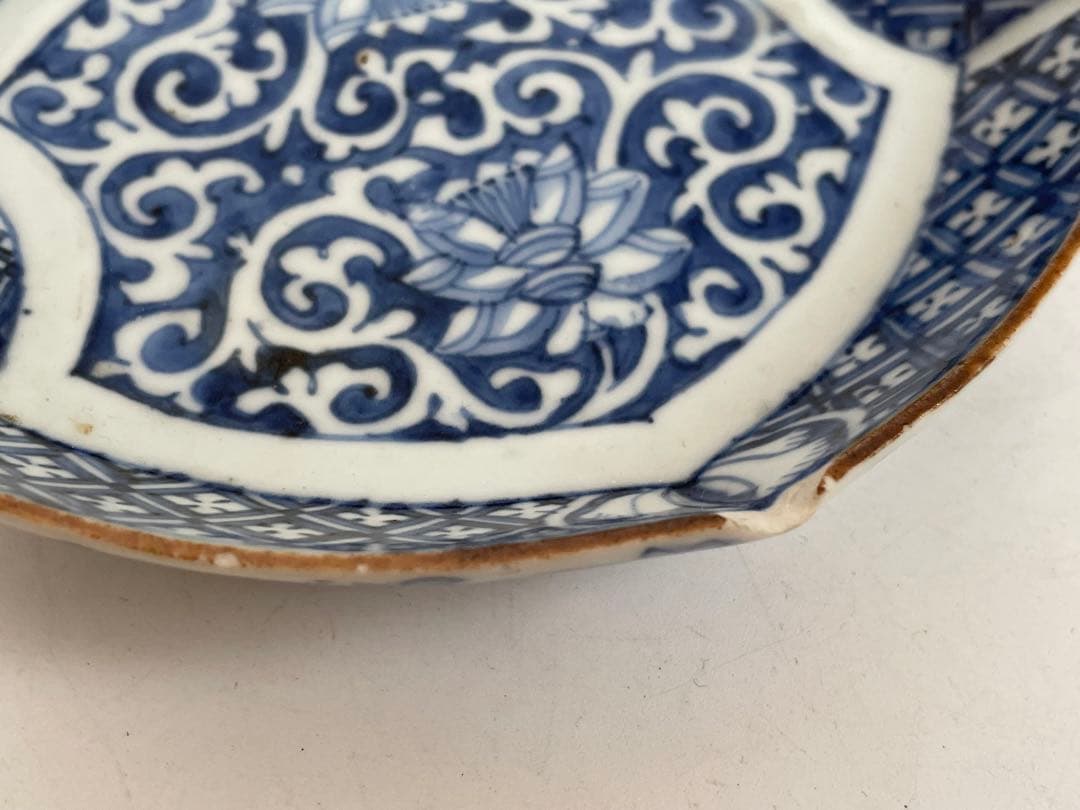 骨董 アンティーク 古伊万里 菱形 染付 逆唐草文様 変形皿 小皿 角福