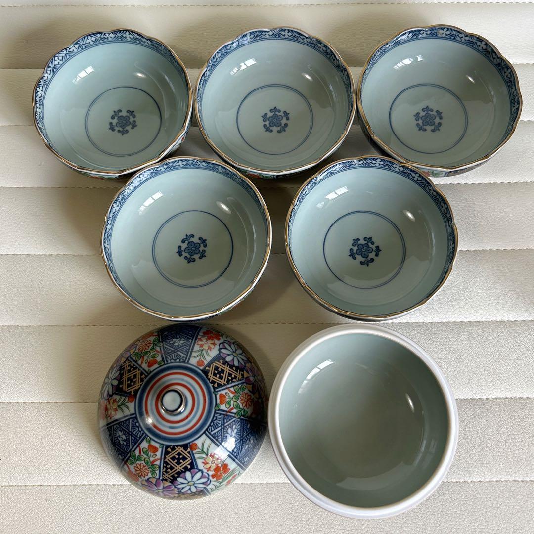 有田焼 胡窯 小鉢揃 5枚セット 蓋物 金彩古伊万里 菊紋 色絵 輪花皿 菊