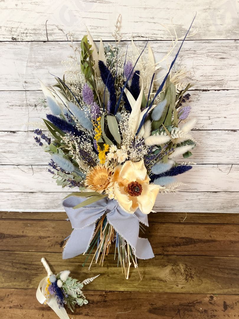 ドライフラワーブーケ 前撮り ウェディング ホワイト ブルー 韓国風