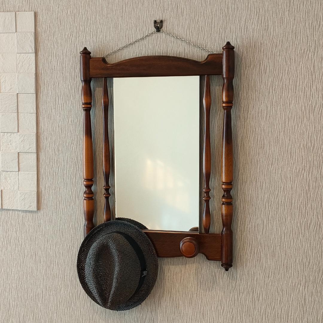 〈美品〉アンティーク　ウォールミラー　フック付き　鏡付きハンガーラック