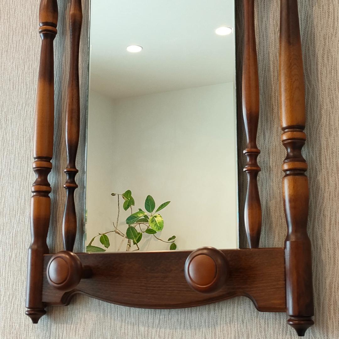 〈美品〉アンティーク　ウォールミラー　フック付き　鏡付きハンガーラック