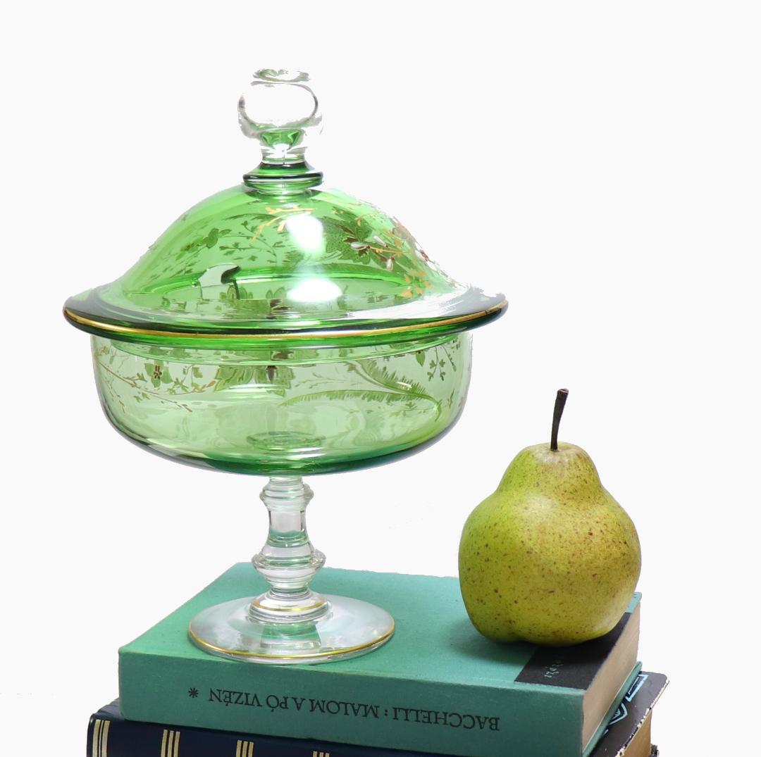 オールド・バカラ 美術館級 大型金彩エナメル彩蓋付き コンポート 緑色