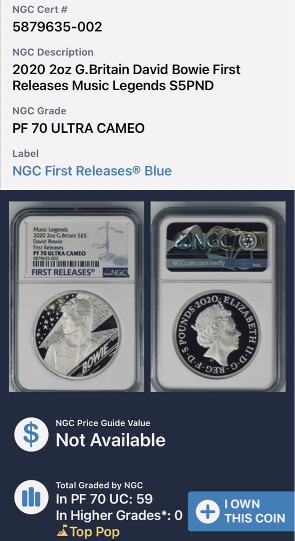 2020年 ミュージックレジェンズ デビッドボウイ 2oz NGC PF70UC - メルカリ