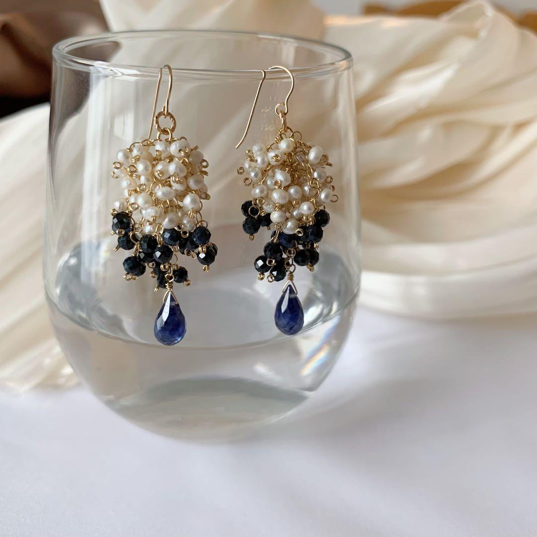 天然石ピアス＊ブルーサファイア・淡水パール14kgfピアス/16kgpイヤリング