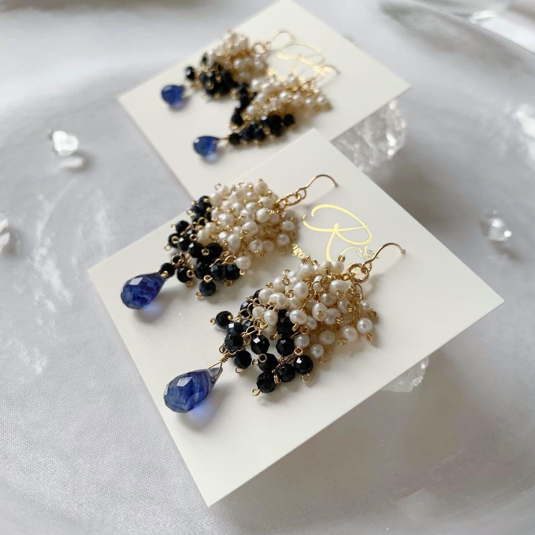 天然石ピアス＊ブルーサファイア・淡水パール14kgfピアス/16kgpイヤリング