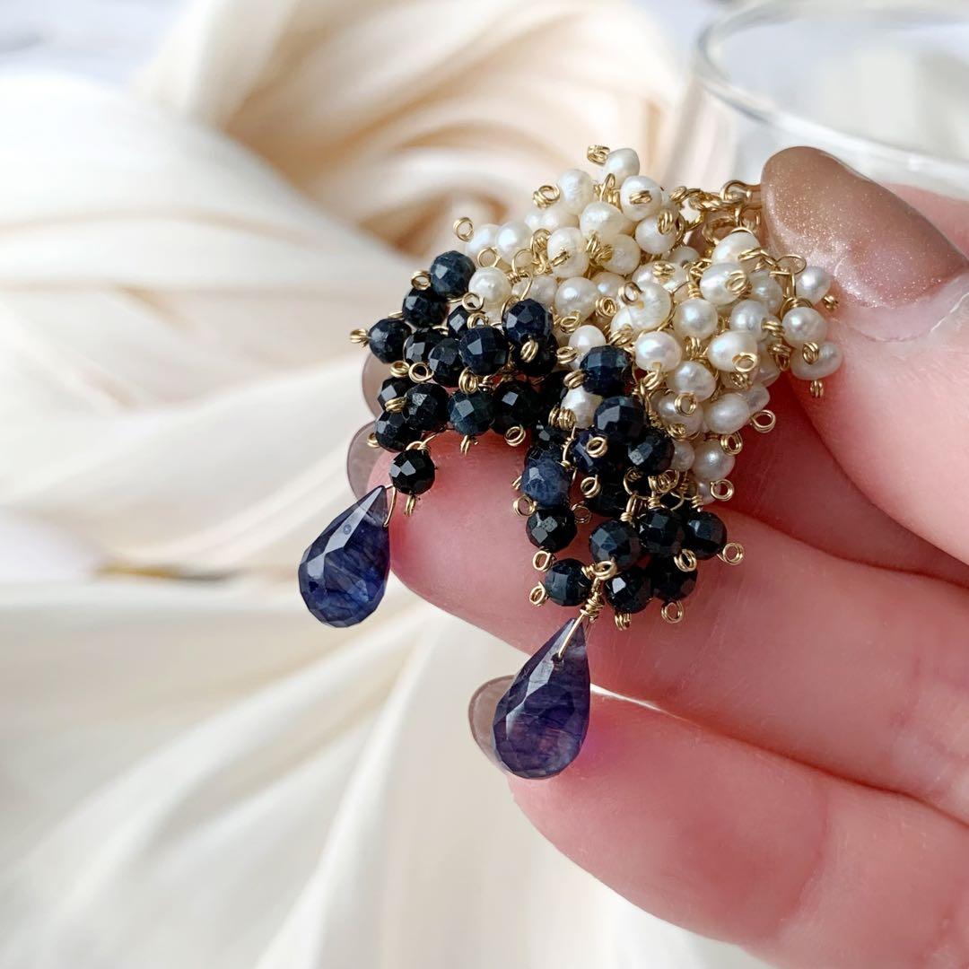 天然石ピアス＊ブルーサファイア・淡水パール14kgfピアス/16kgpイヤリング