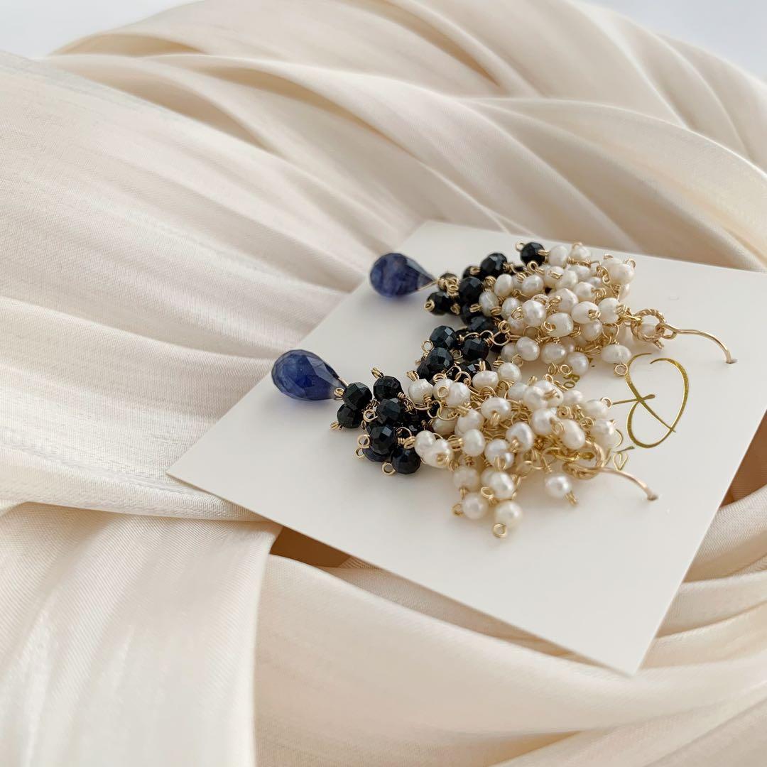 天然石ピアス＊ブルーサファイア・淡水パール14kgfピアス/16kgpイヤリング