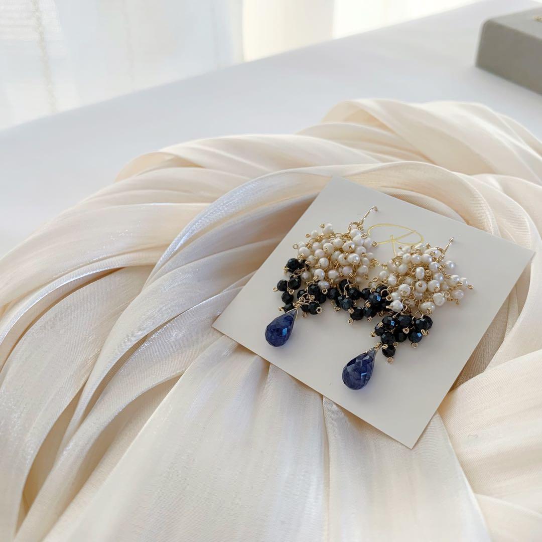 天然石ピアス＊ブルーサファイア・淡水パール14kgfピアス/16kgpイヤリング