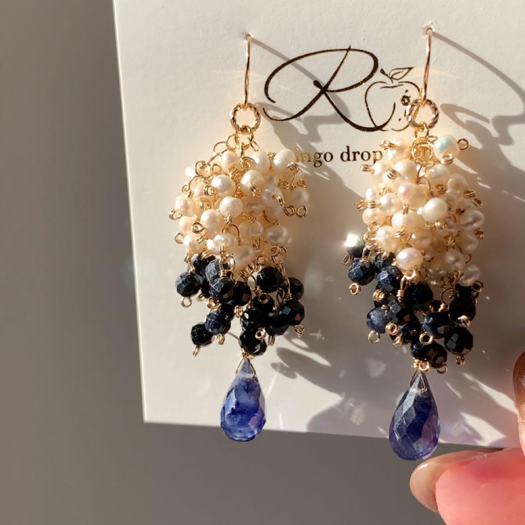 天然石ピアス＊ブルーサファイア・淡水パール14kgfピアス/16kgpイヤリング