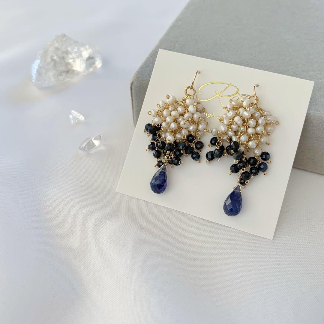 天然石ピアス＊ブルーサファイア・淡水パール14kgfピアス/16kgpイヤリング