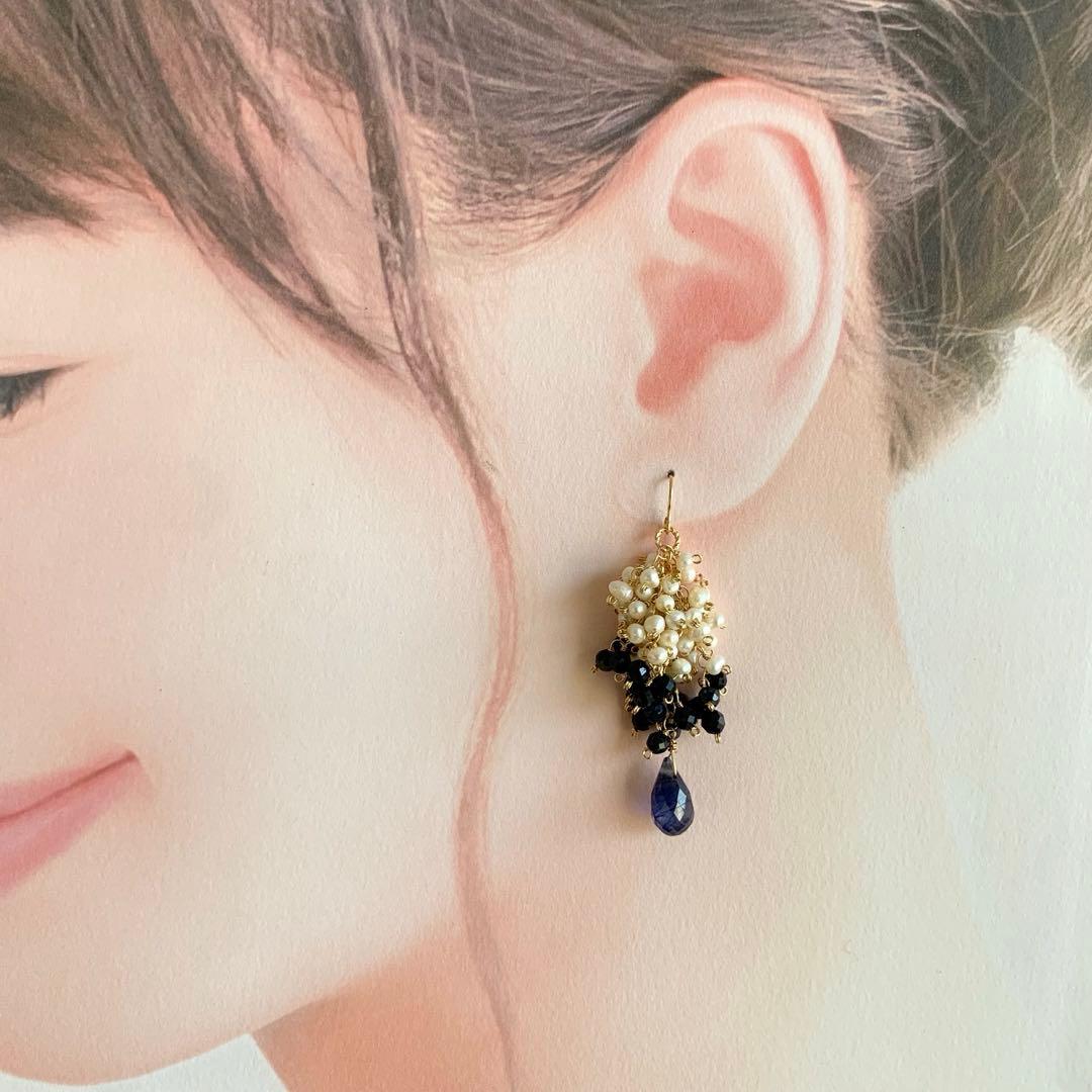 天然石ピアス＊ブルーサファイア・淡水パール14kgfピアス/16kgpイヤリング