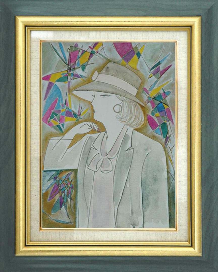 絵画額付( 青緑＋金色の枠) 油絵人物F4-081914女の子影遊び