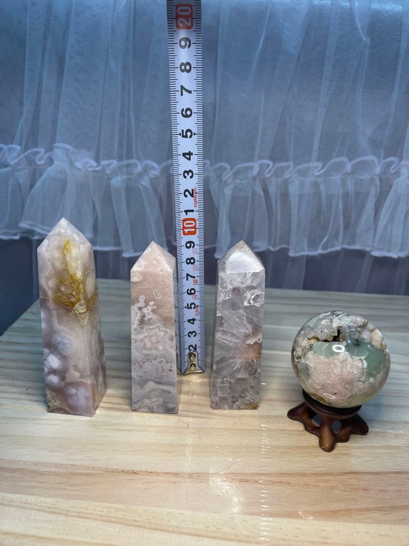ピンクアメジストタワー 桜瑪瑙 天然石　丸玉　台座付き　4点セット　バラ不可
