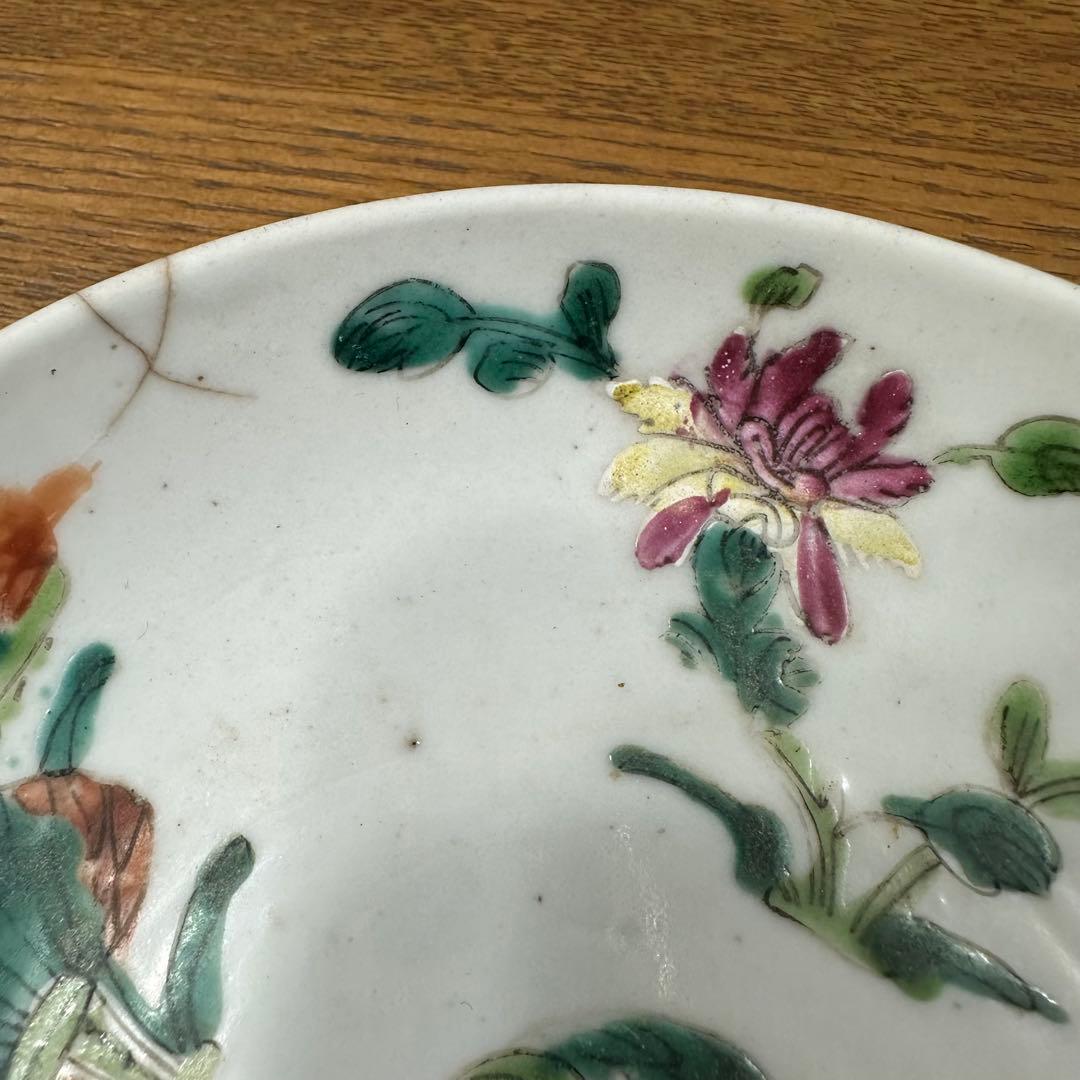 清末　時代物　旧蔵　花柄陶磁器プレート　染め付け古美術品