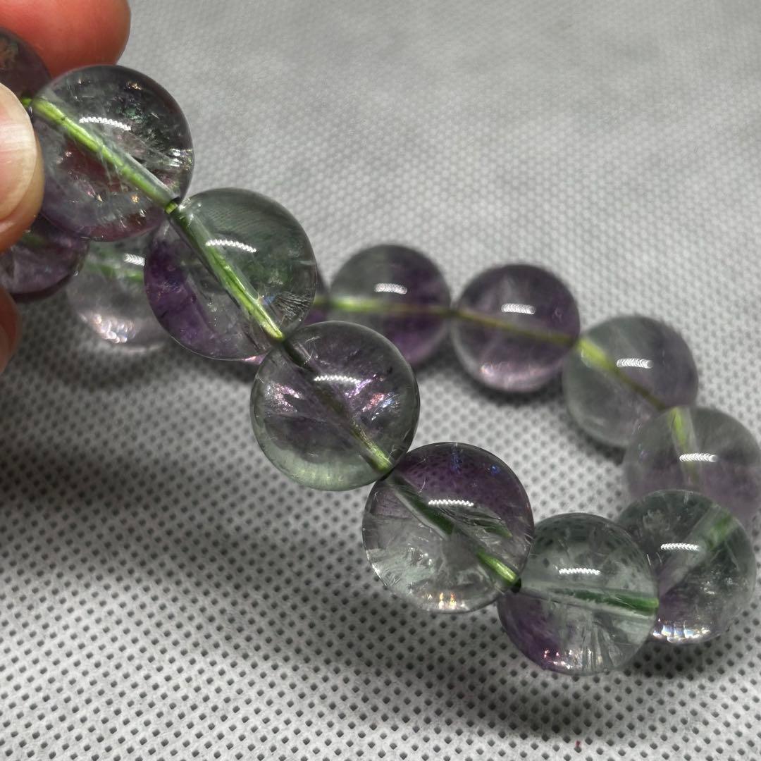 高品質　バイカラー　フローライト　紫　緑　虹だらけ　ブレスレット　14mm玉