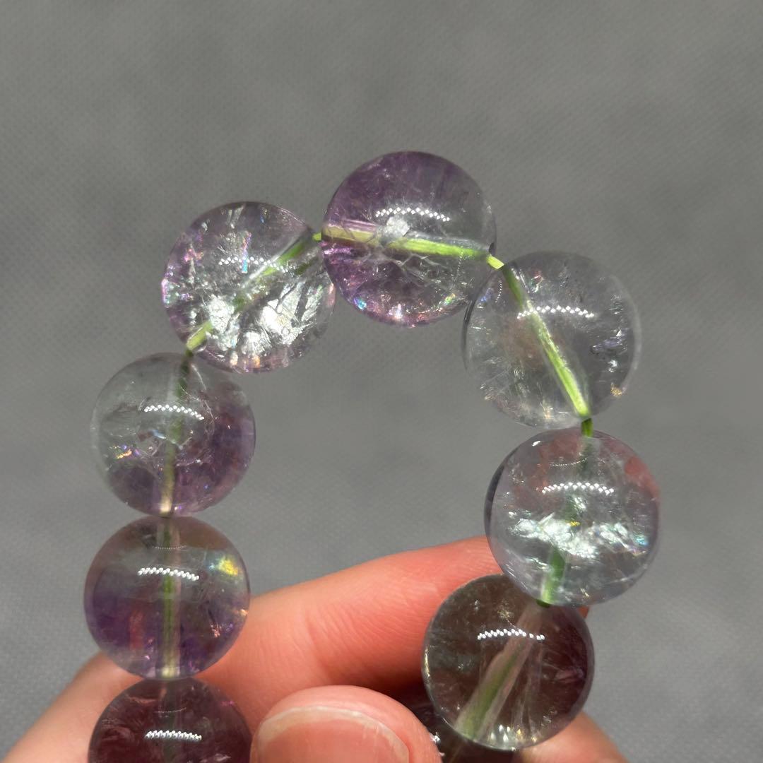 高品質　バイカラー　フローライト　紫　緑　虹だらけ　ブレスレット　14mm玉