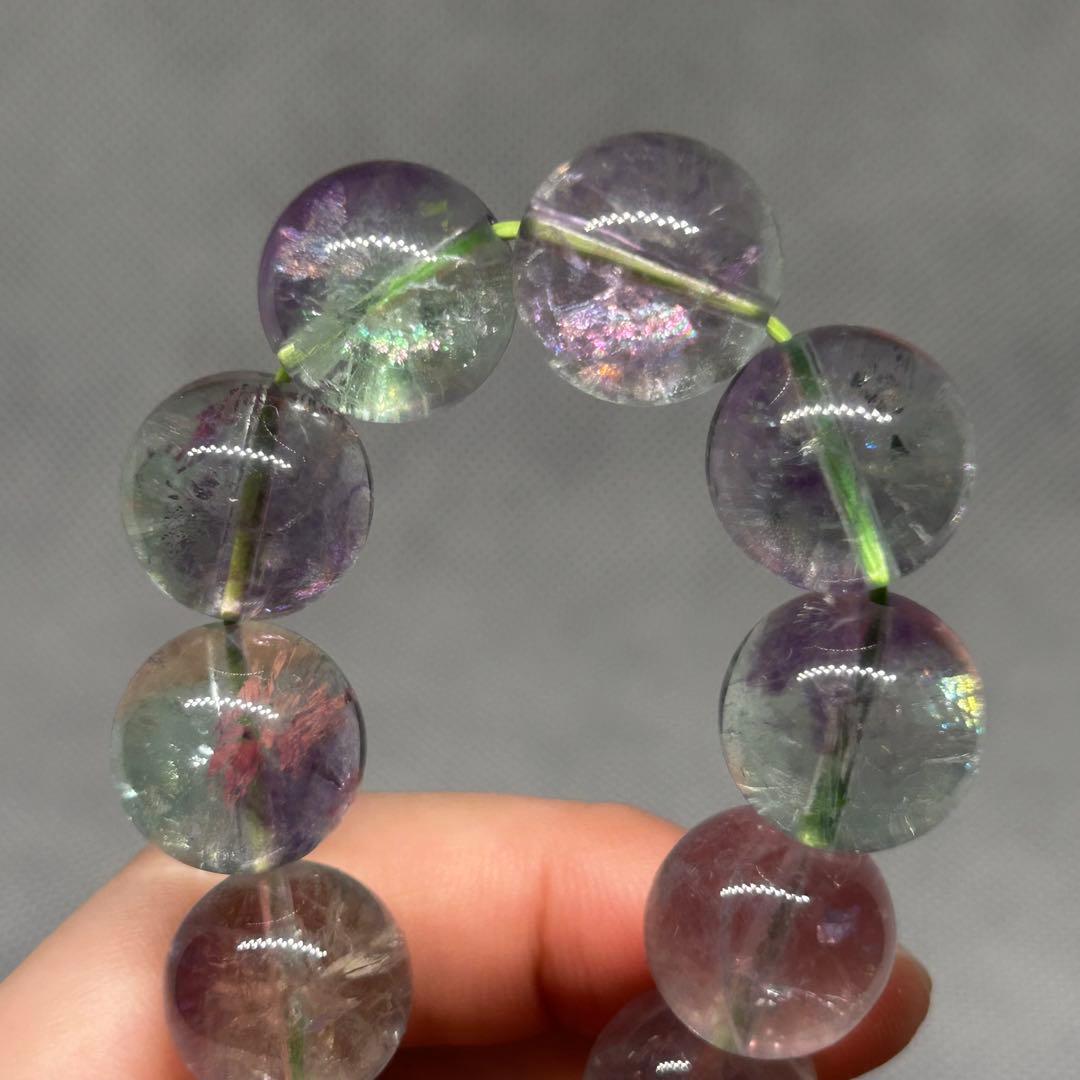 高品質　バイカラー　フローライト　紫　緑　虹だらけ　ブレスレット　14mm玉