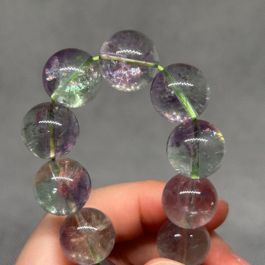 高品質　バイカラー　フローライト　紫　緑　虹だらけ　ブレスレット　14mm玉