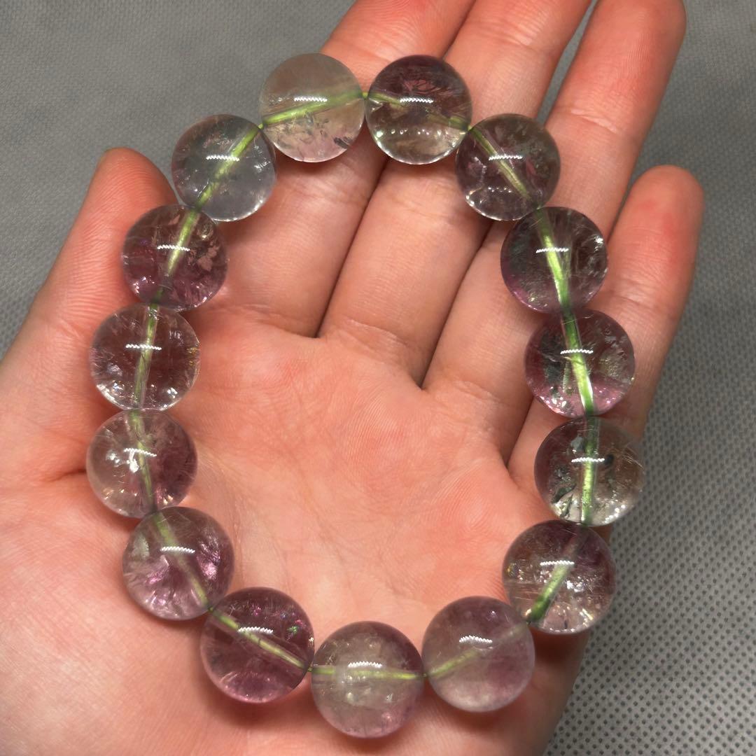 高品質　バイカラー　フローライト　紫　緑　虹だらけ　ブレスレット　14mm玉