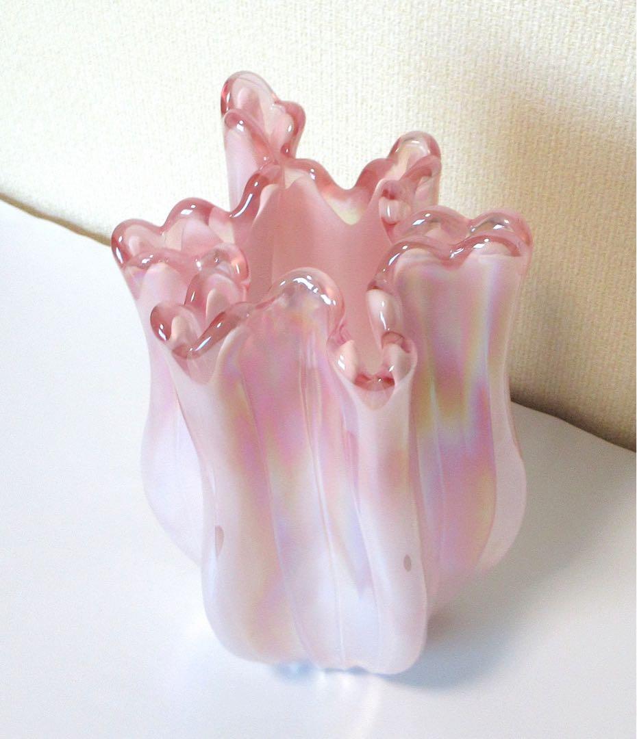 【美品】　花瓶　ガラス　オーロラ　ピンク　約27cm×17.5cm　約2494g