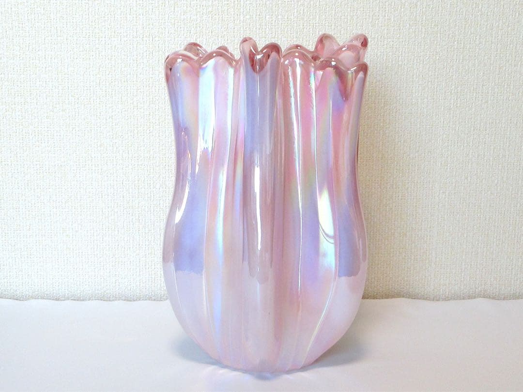 【美品】　花瓶　ガラス　オーロラ　ピンク　約27cm×17.5cm　約2494g