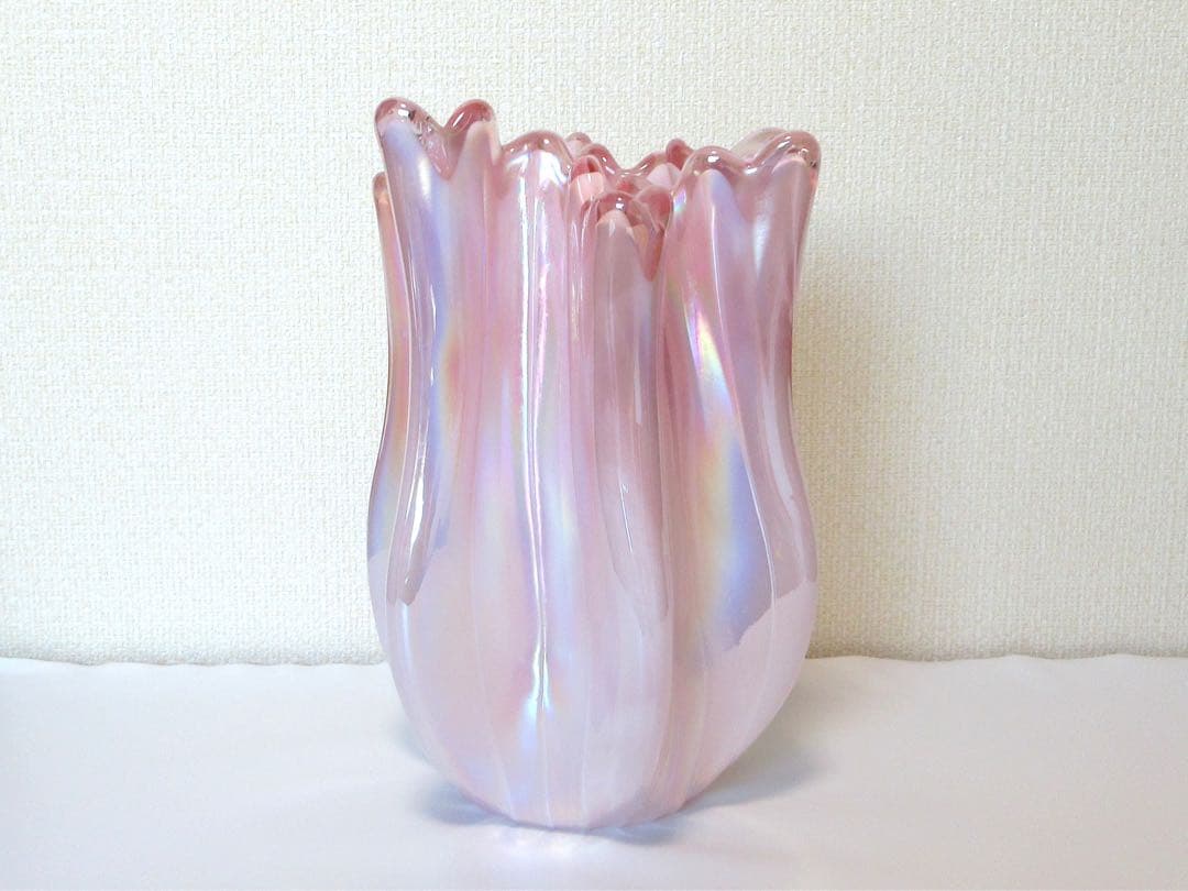 【美品】　花瓶　ガラス　オーロラ　ピンク　約27cm×17.5cm　約2494g