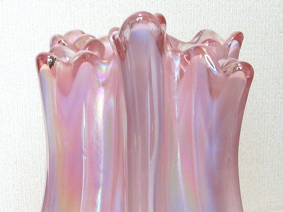 【美品】　花瓶　ガラス　オーロラ　ピンク　約27cm×17.5cm　約2494g