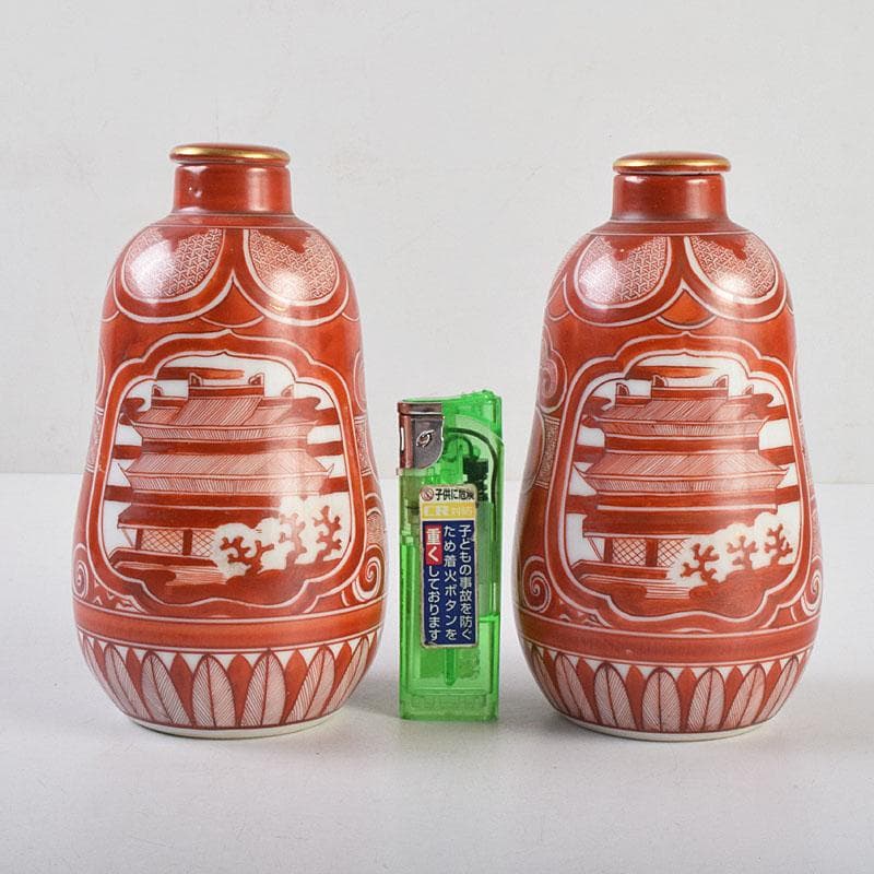 九谷焼 古九谷 赤絵 花鳥文 徳利 在銘 一對 時代箱付 V R9270 - 工芸品