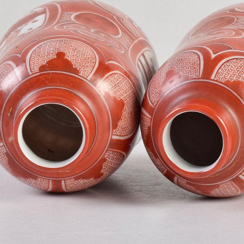 九谷焼 古九谷 赤絵 花鳥文 徳利 在銘 一對 時代箱付 V R9270 - 工芸品